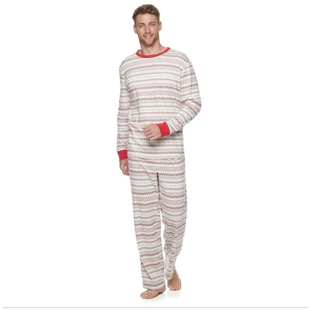 Lauren Conrad Men's White/Red/Gray Cotton Knit Fairisle Print Pajama Set EUC